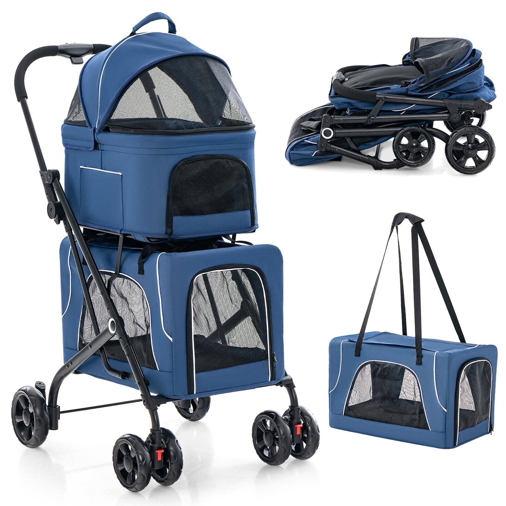 Costway Double Pet Stroller for 2 Dogs or Cats w/ 2 Detachable Carriers Safety Belt Blue