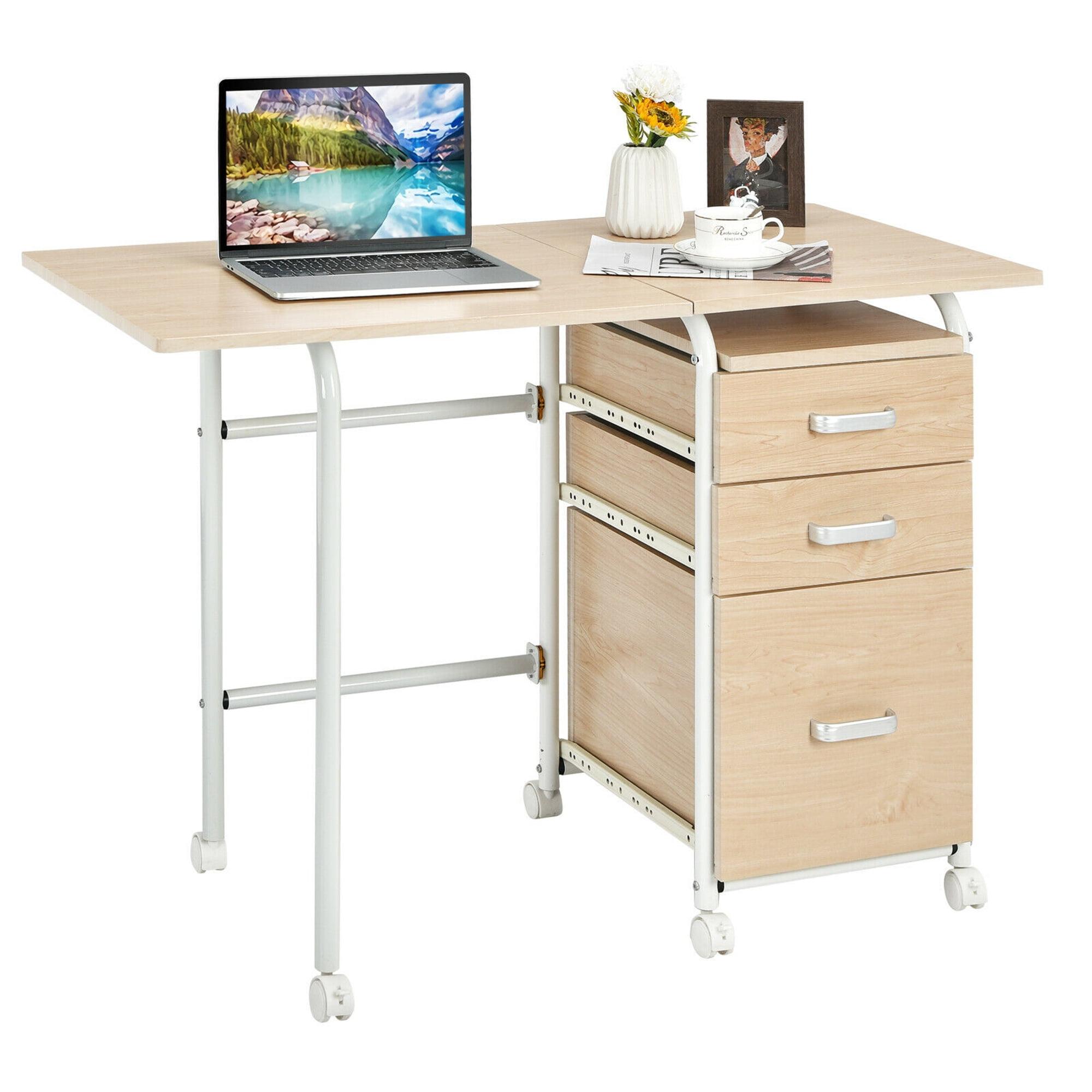 Oak Foldable Computer Desk with Drawers and Wheels