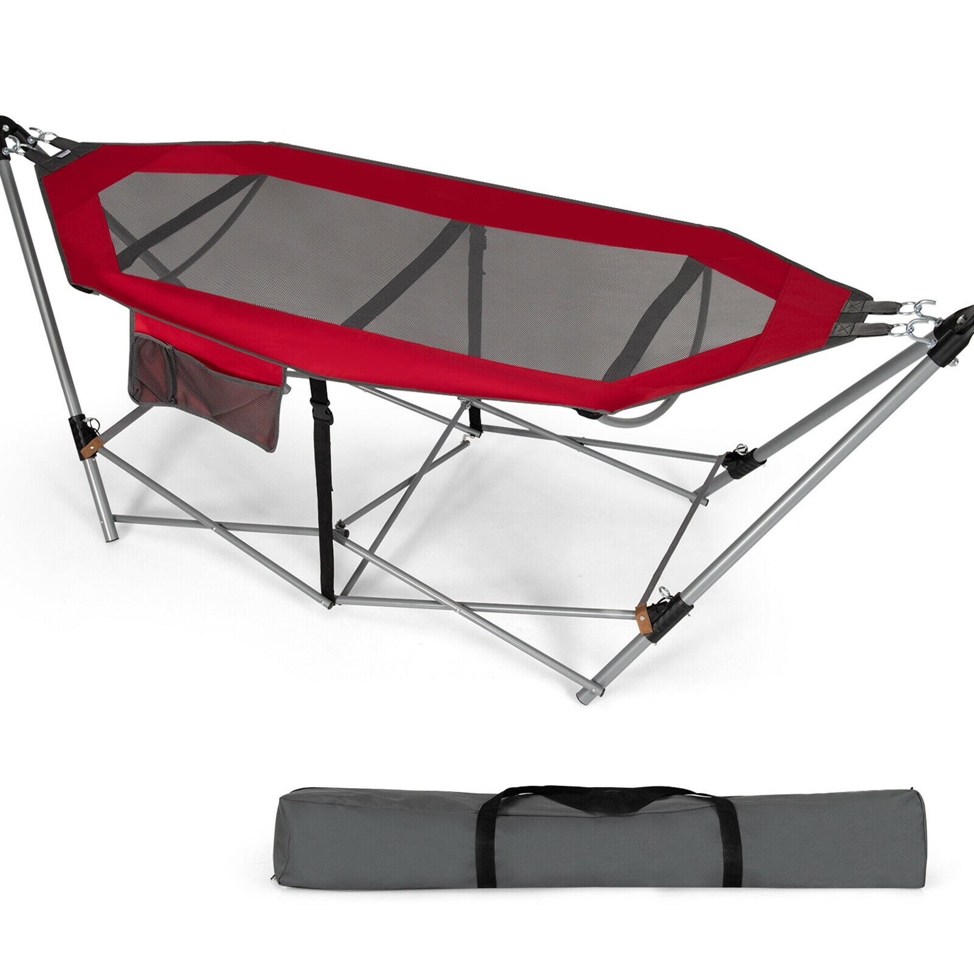 Red Folding Hammock with Iron Stand and Side Pocket