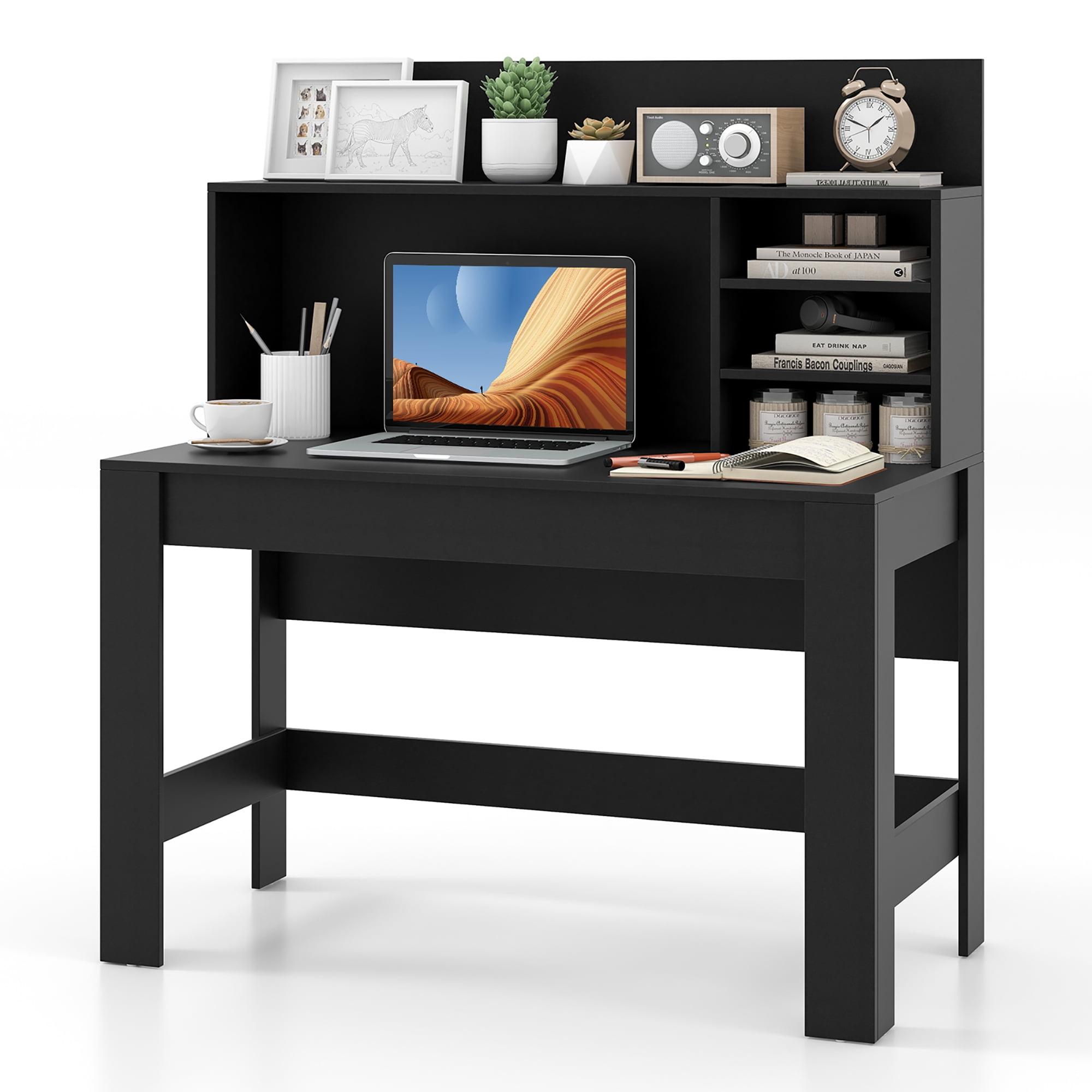 Black MDF Computer Desk with Hutch and Shelves