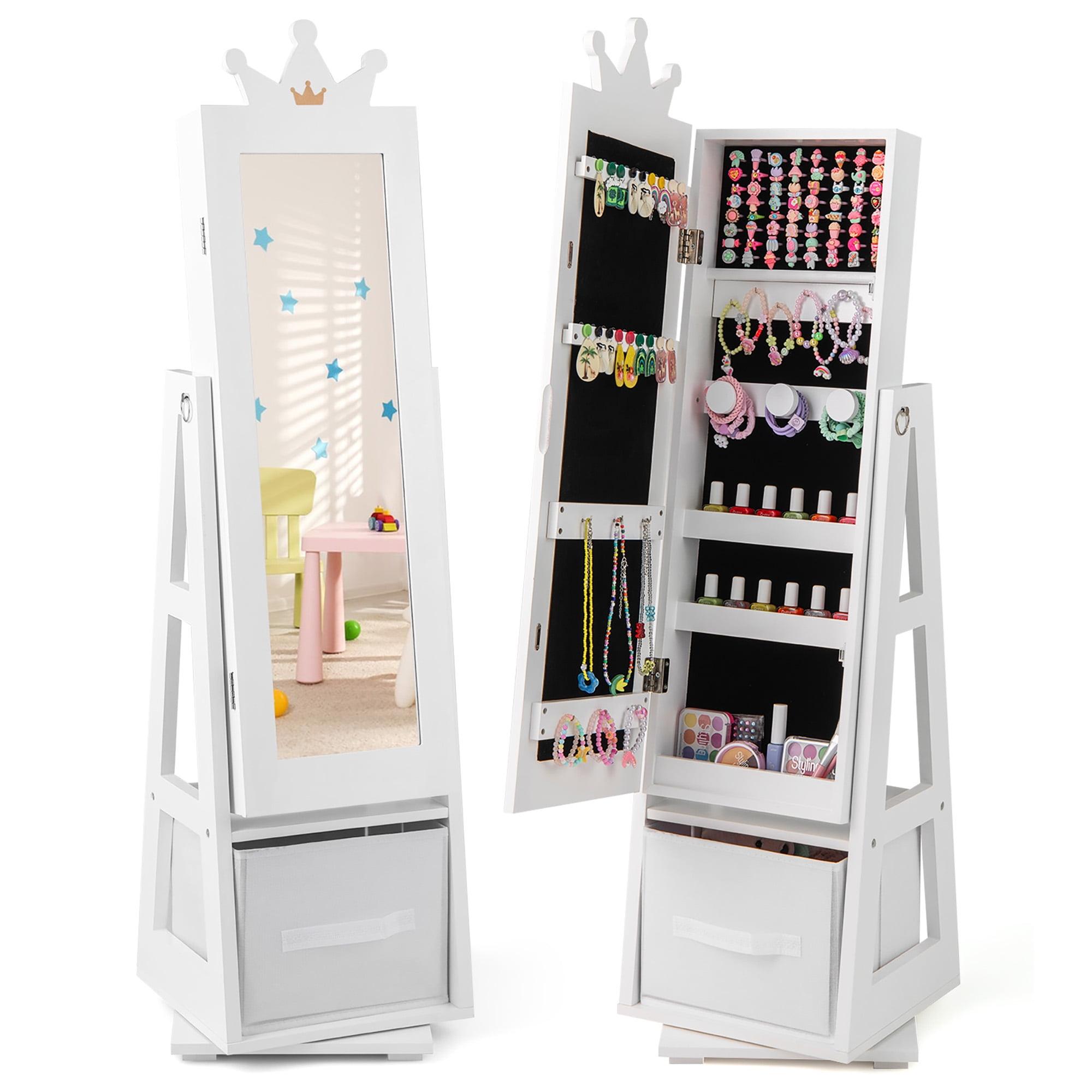 Tangkula Kids Jewelry Cabinet with Full-Length Mirror Drawer 2 Adjustable Tilt Angles White