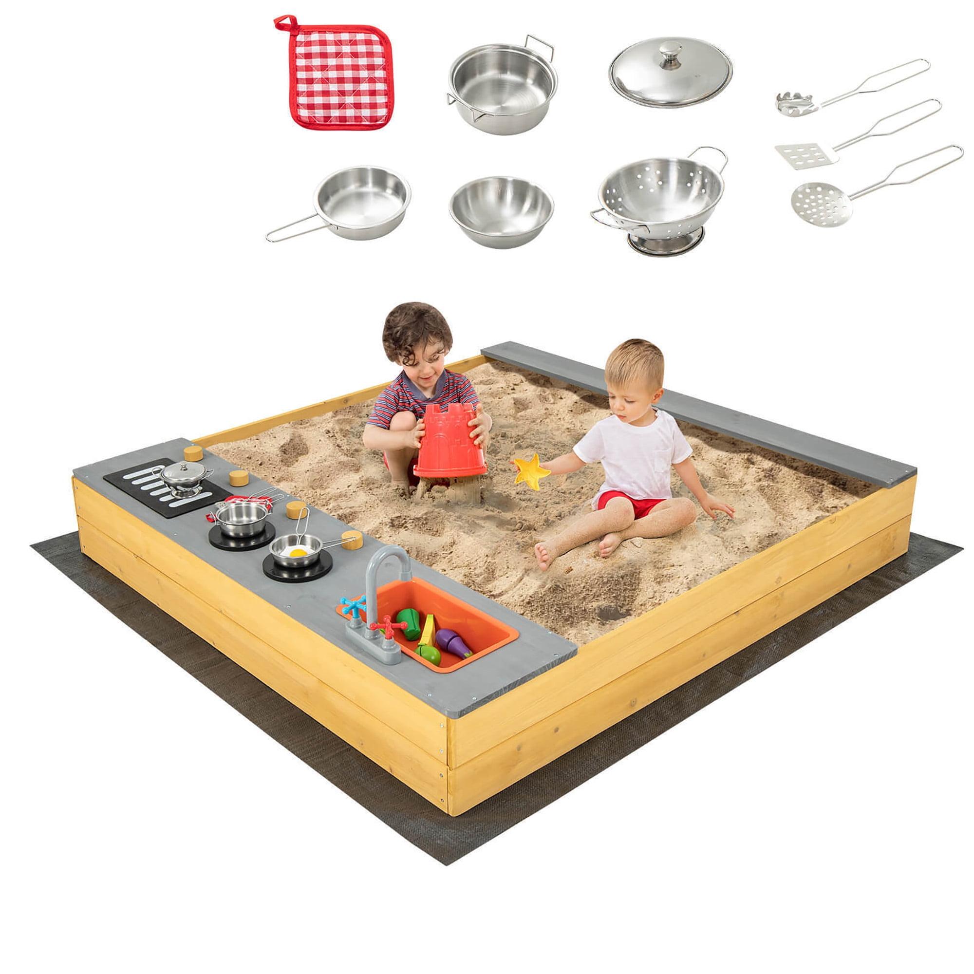 Costway Kids Sandbox Outdoor Wooden Sandpit w/ Bottom Liner Creative Cooking Area