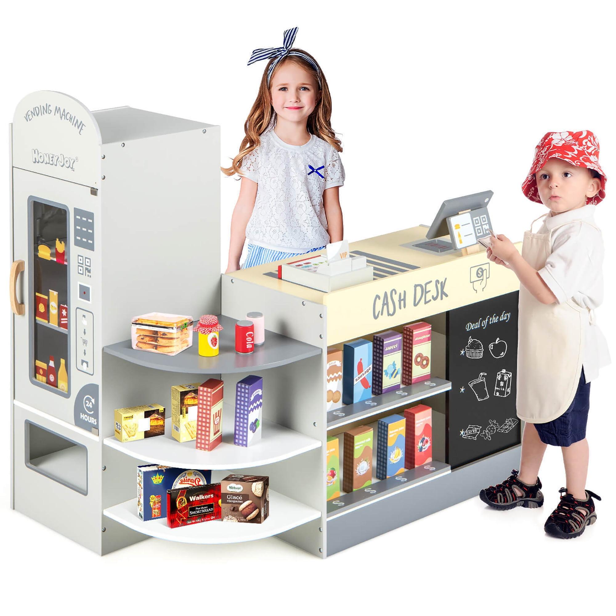 Canddidliike Kids Grocery Store Playset with Cash Register POS Machine, Gifts for Boys and Girls Aged 3-8, Gray, Play Kitchen for Kids, Wooden Kids Play