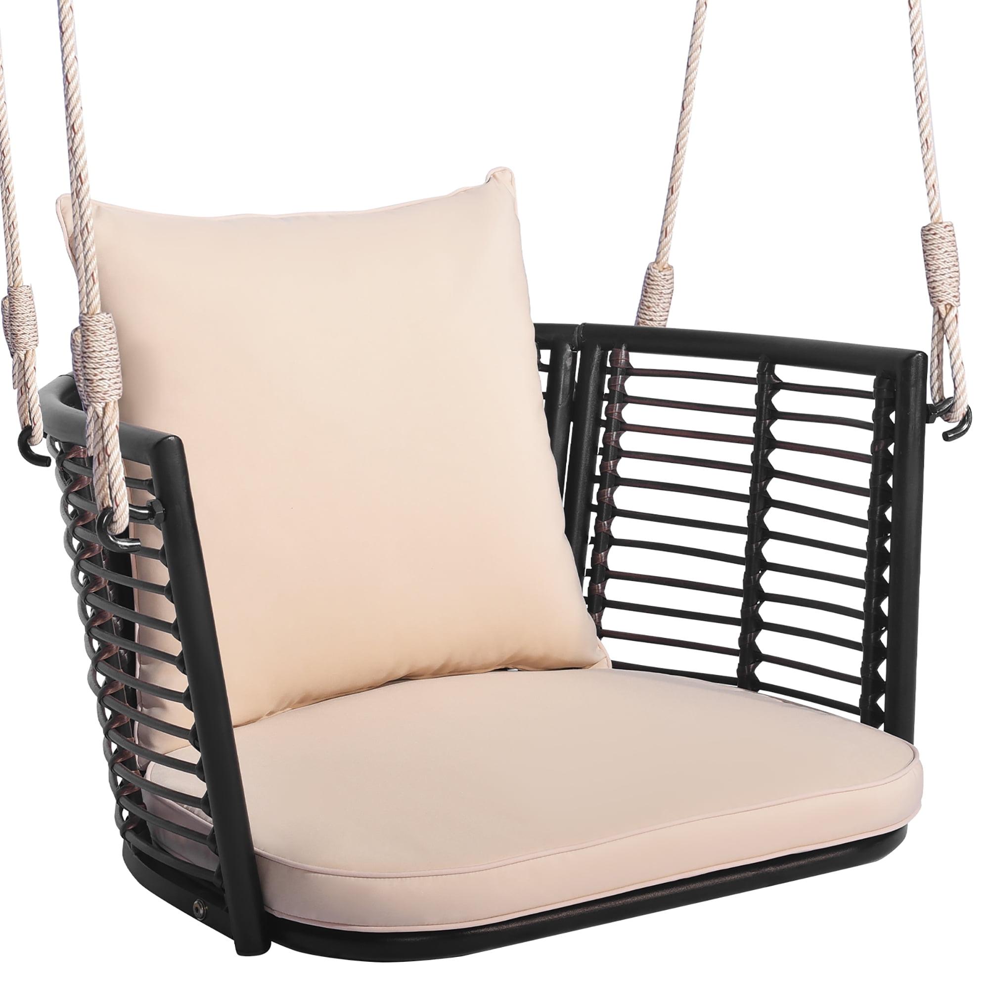 Mix Brown Rattan Hanging Chair with Beige Cushions