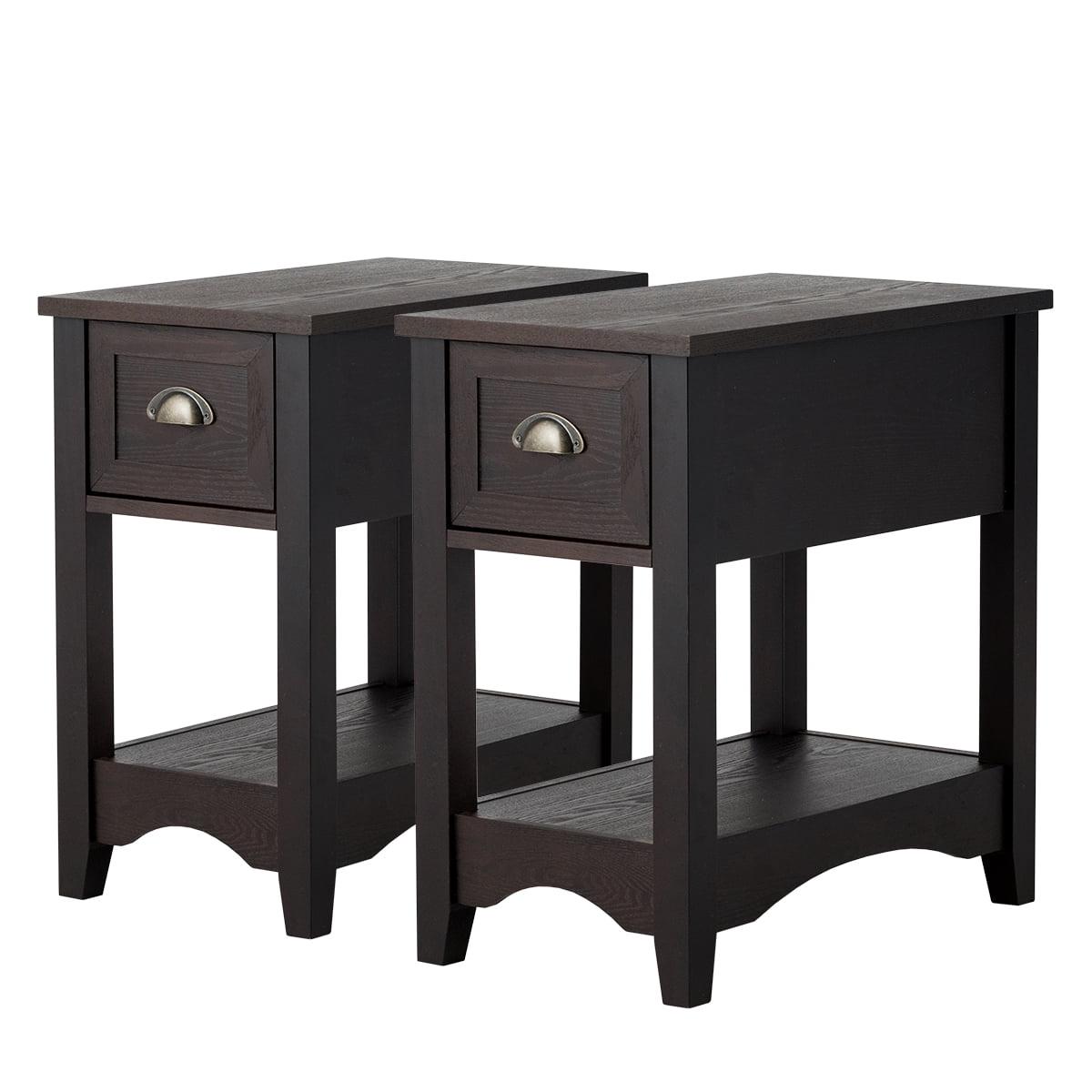Canddidliike Set of 2 Contemporary Side End Table with Drawer-Walnut, Modern Nightstand, End Table for Bedroom Living Room