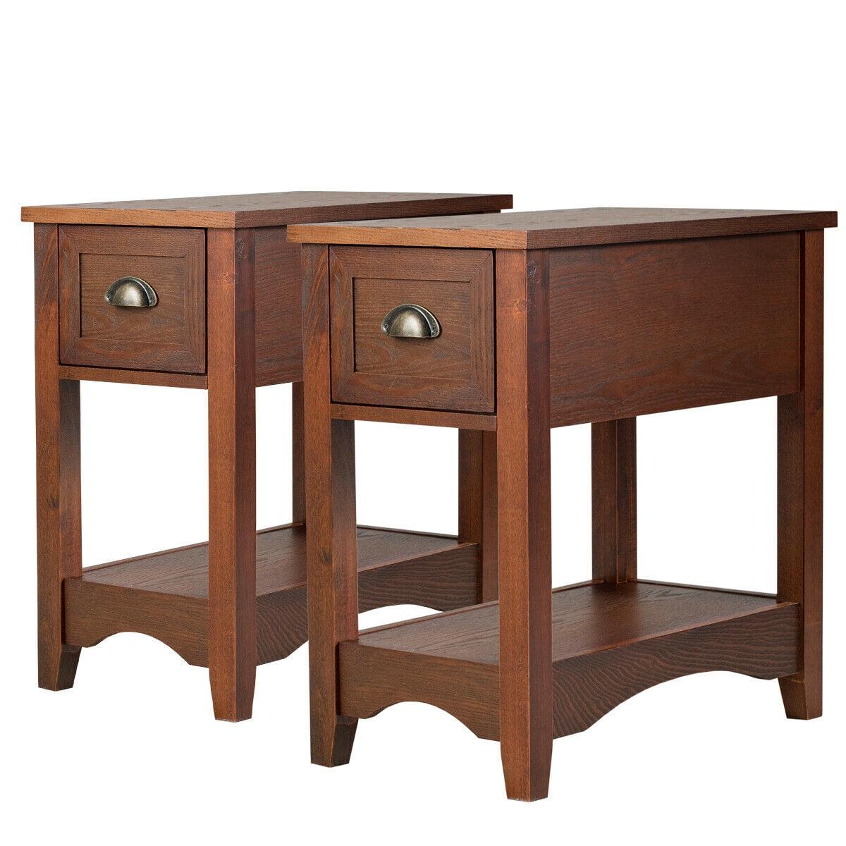 Canddidliike Set of 2 Contemporary Side End Table with Drawer-Walnut, Modern Nightstand, End Table for Bedroom Living Room
