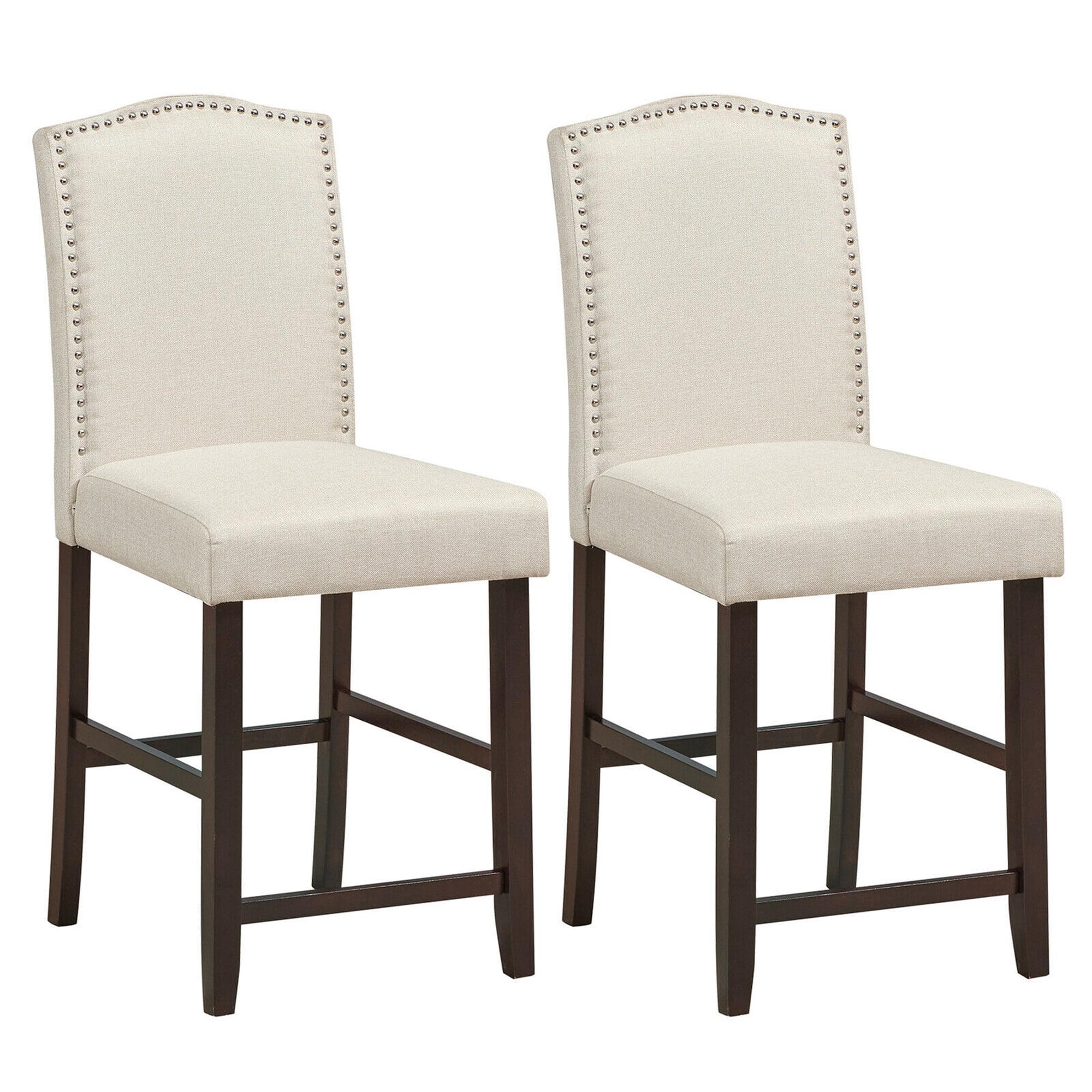 Counter Height Fabric Upholstered Dining Chair with Nailhead Trim, Beige - Set of 2