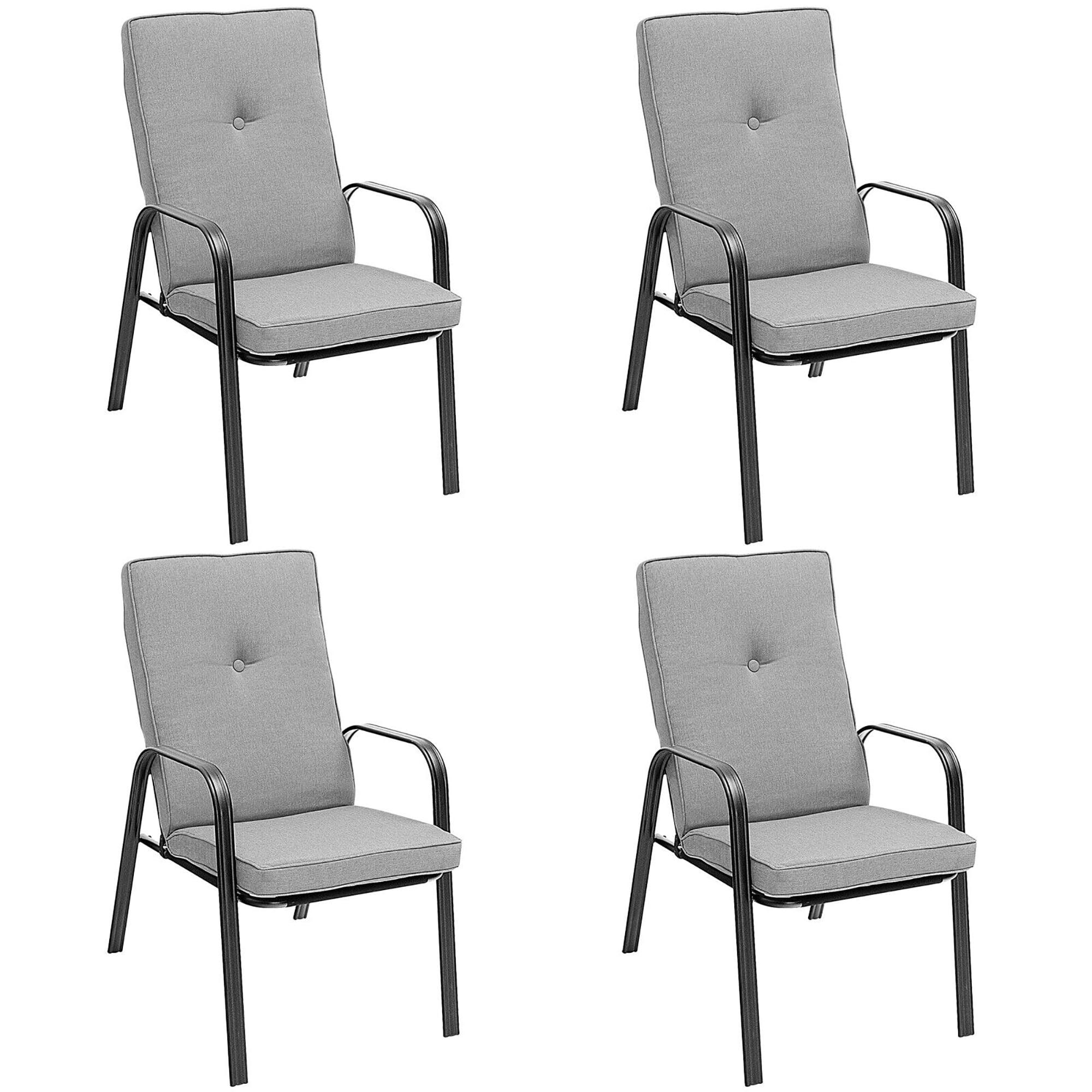 Black Steel Outdoor Dining Chairs with Grey Cushions, Set of 4