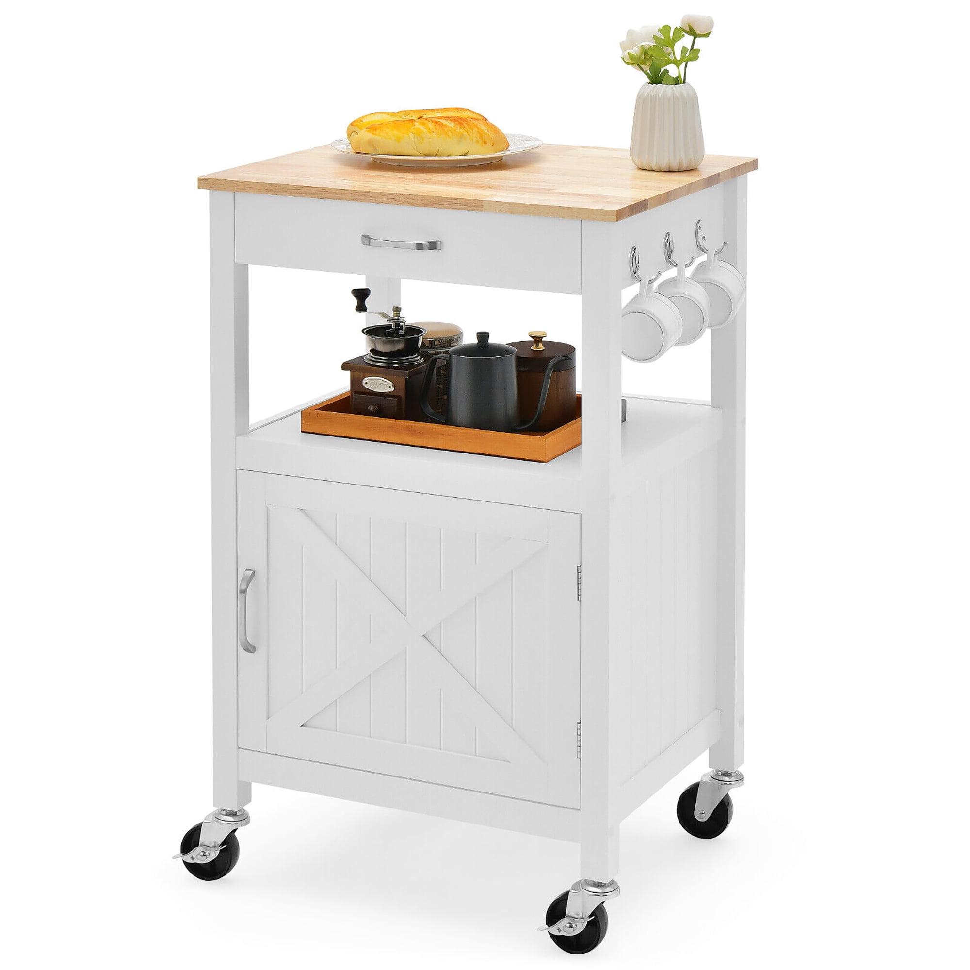 White Wood Kitchen Cart with Storage and Wheels