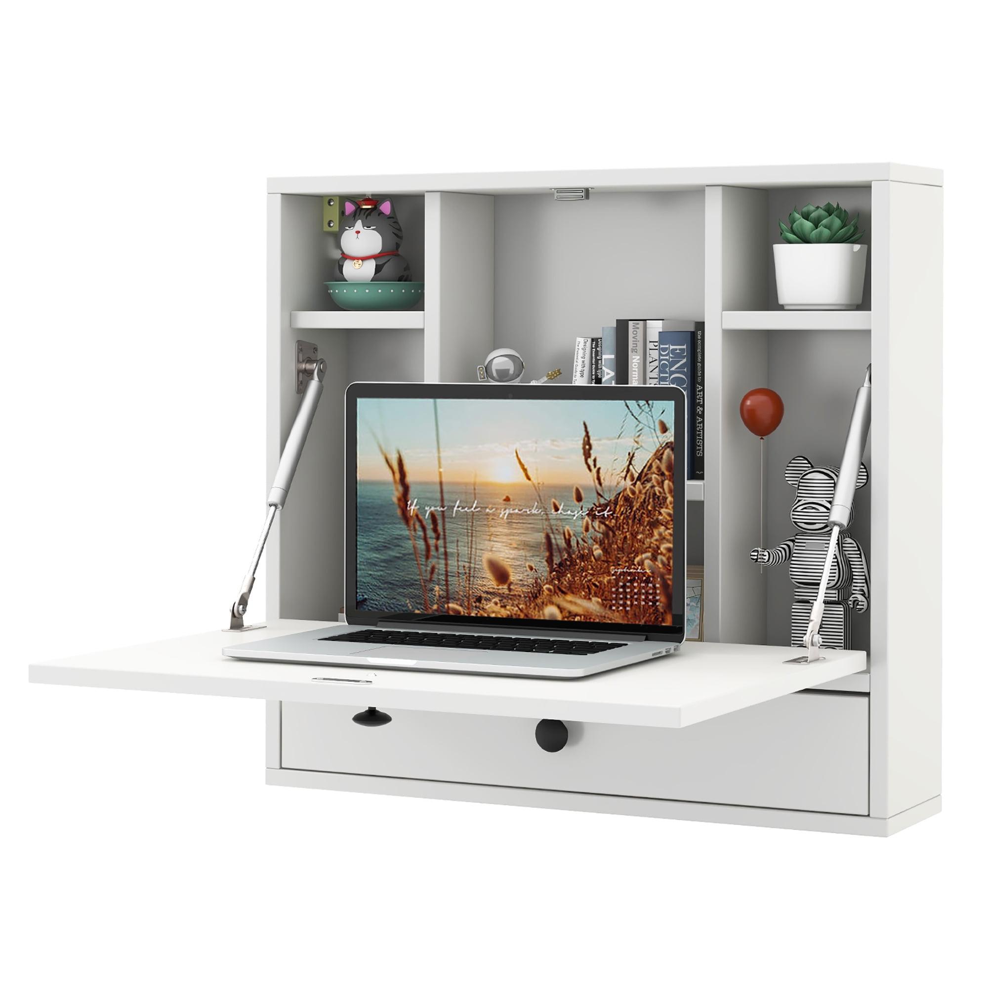 Tangkula Folding Wall Table - Floating Desk with Storage Drawer & Shelves (White)