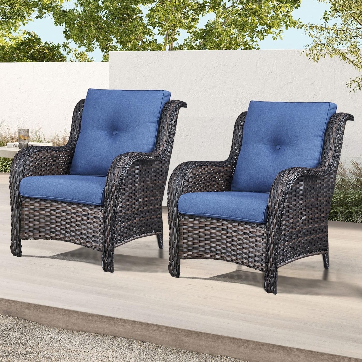 Gymojoy  Outdoor Patio Rattan Chairs with Cushions Set of 2 Brown/Blue