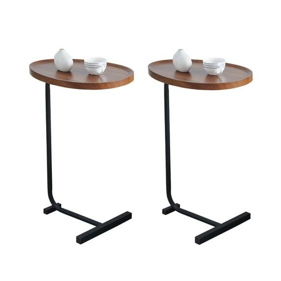 Brown Oval Top C-Shaped Side Table Set with Black Metal Frame