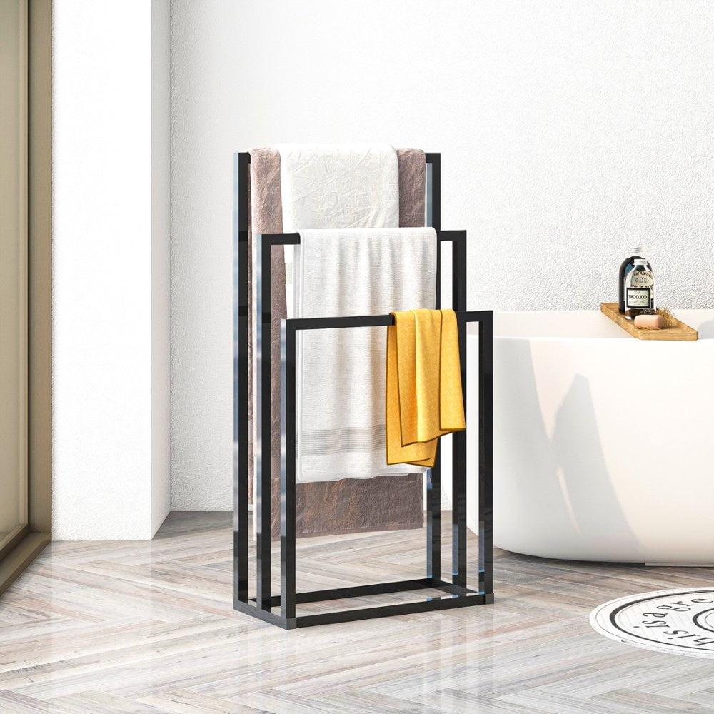 Gzxs 3-Tier Metal Towel Rack Modern Freestanding Towel Rack, Bathroom Metal Storage Towel Rack, Black