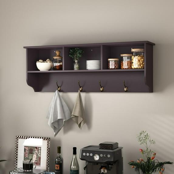 Gzxs Entryway Wood Coat Rack with 4 Hooks Modern Wall Mounted Storage Shelf , Espresso