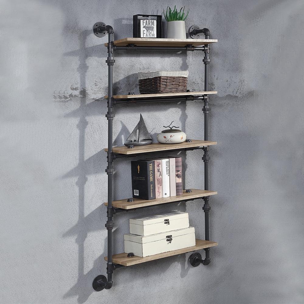 59" Industrial Oak and Black Wall-Mounted Bookshelf