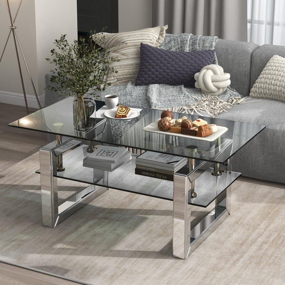 Modern Silver 2-Tier Glass Coffee Table with Metal Legs