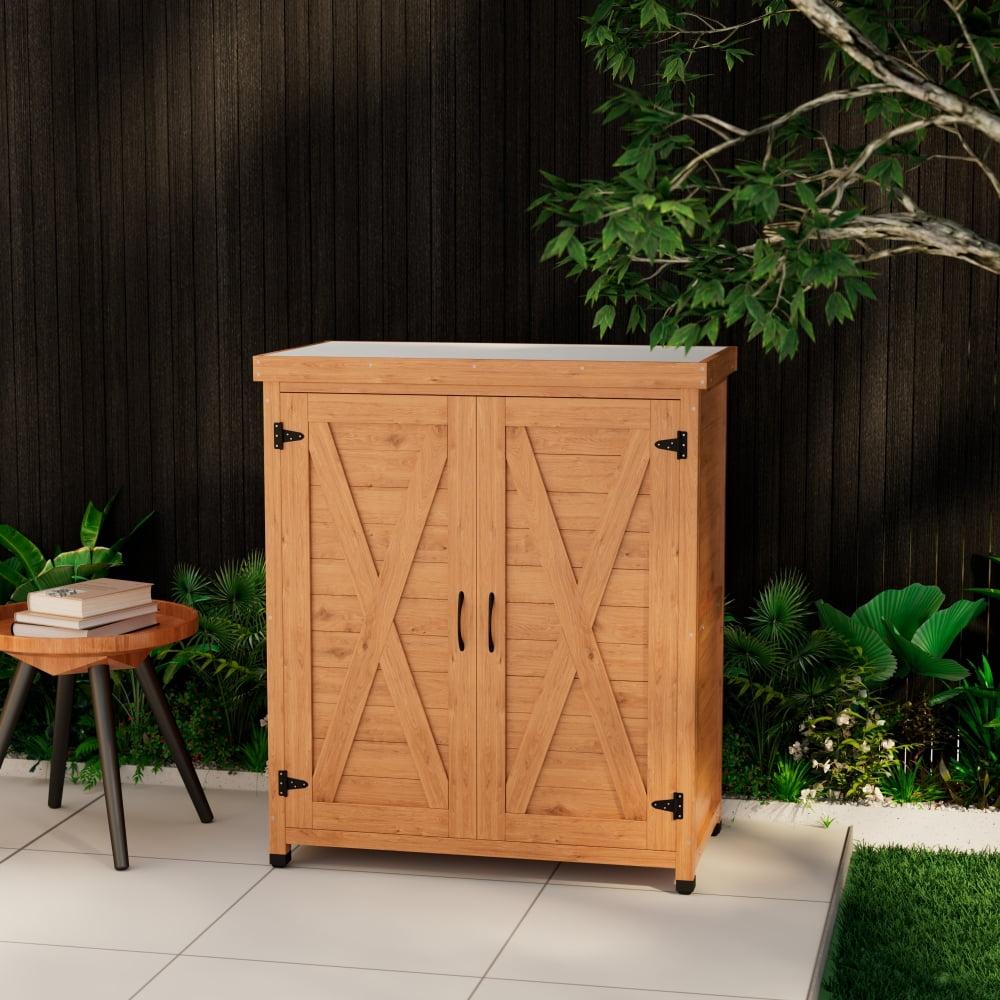 Potting Bench With Storage Cabinet And Metal Table Top For Outdoor Patio,Outdoor Work Station Table