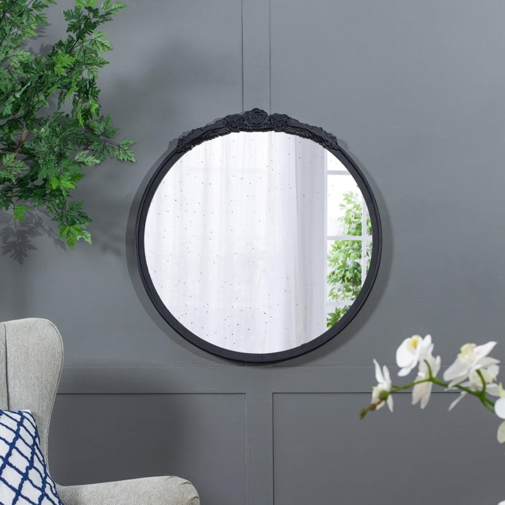 Gzxs Round Mirror, 30" Baroque Style Circle Mirror Vintage Black Wood Frame Wall Mirrors for Vanity, Bathroom or Bedroom