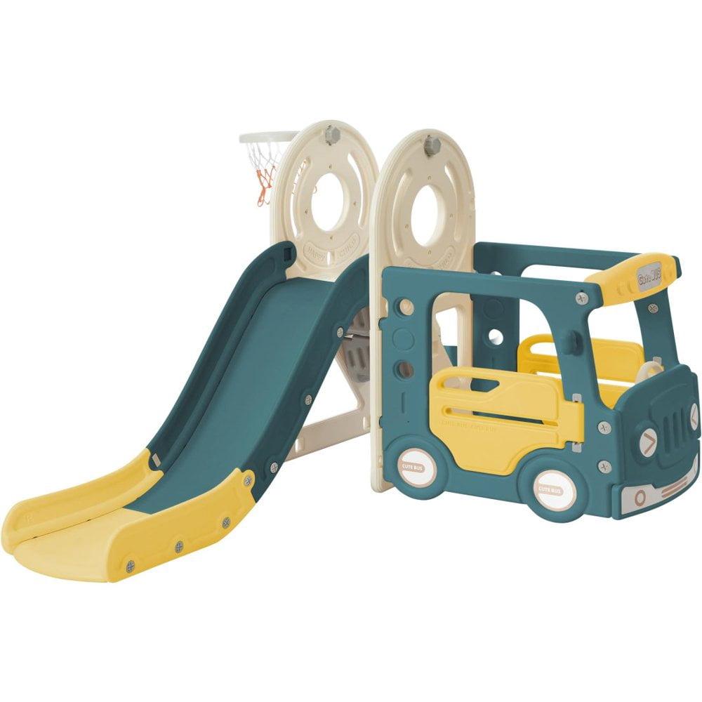 Gzxs Toddler Slide and Swing, Bus Playhouse Freestanding Baby Slide Playset with Basketball Hoop for Indoor Outdoor Backyard Playground (Yellow Bus Slide)