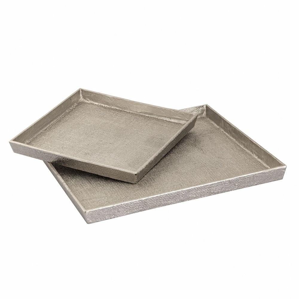 Antique Nickel Square Metal Linen Textured Trays, Set of 2