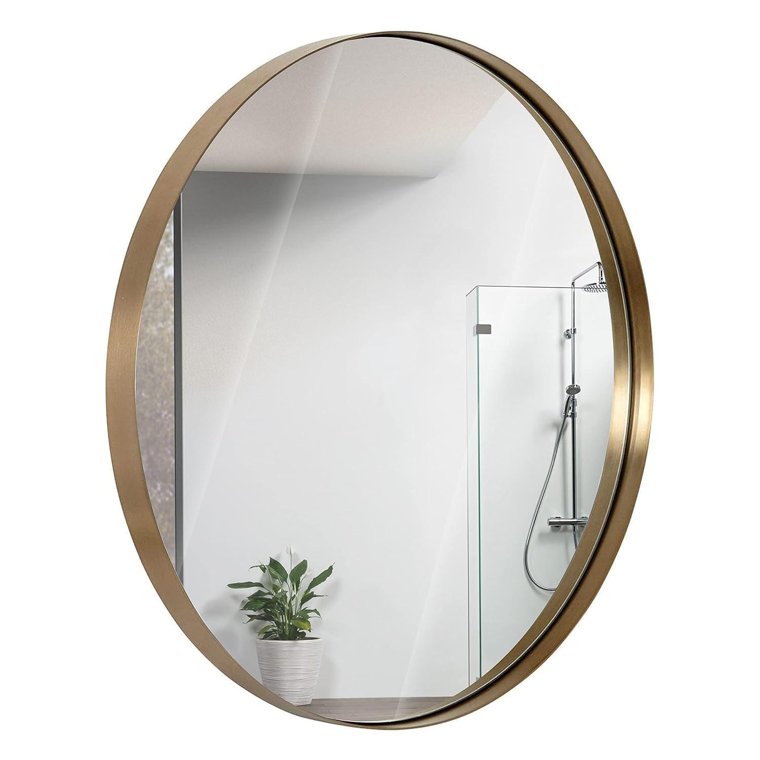 Large Round Gold Brushed Metal Wall Mirror