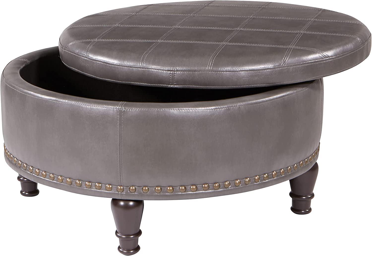 OSP Home Furnishings Augusta Round Storage Ottoman in Pewter Bonded Leather with decorative nailheads