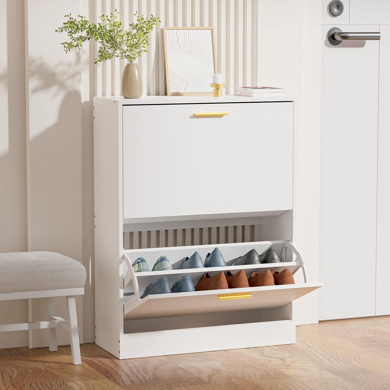 White Engineered Wood Freestanding Shoe Cabinet with Flip Drawers