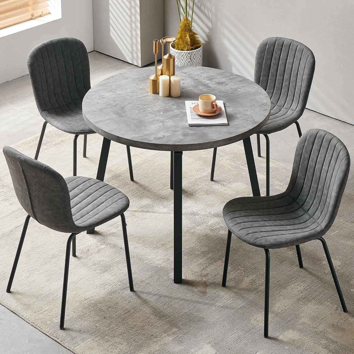 Gray Faux-Stone Round Dining Table Set with Upholstered Chairs