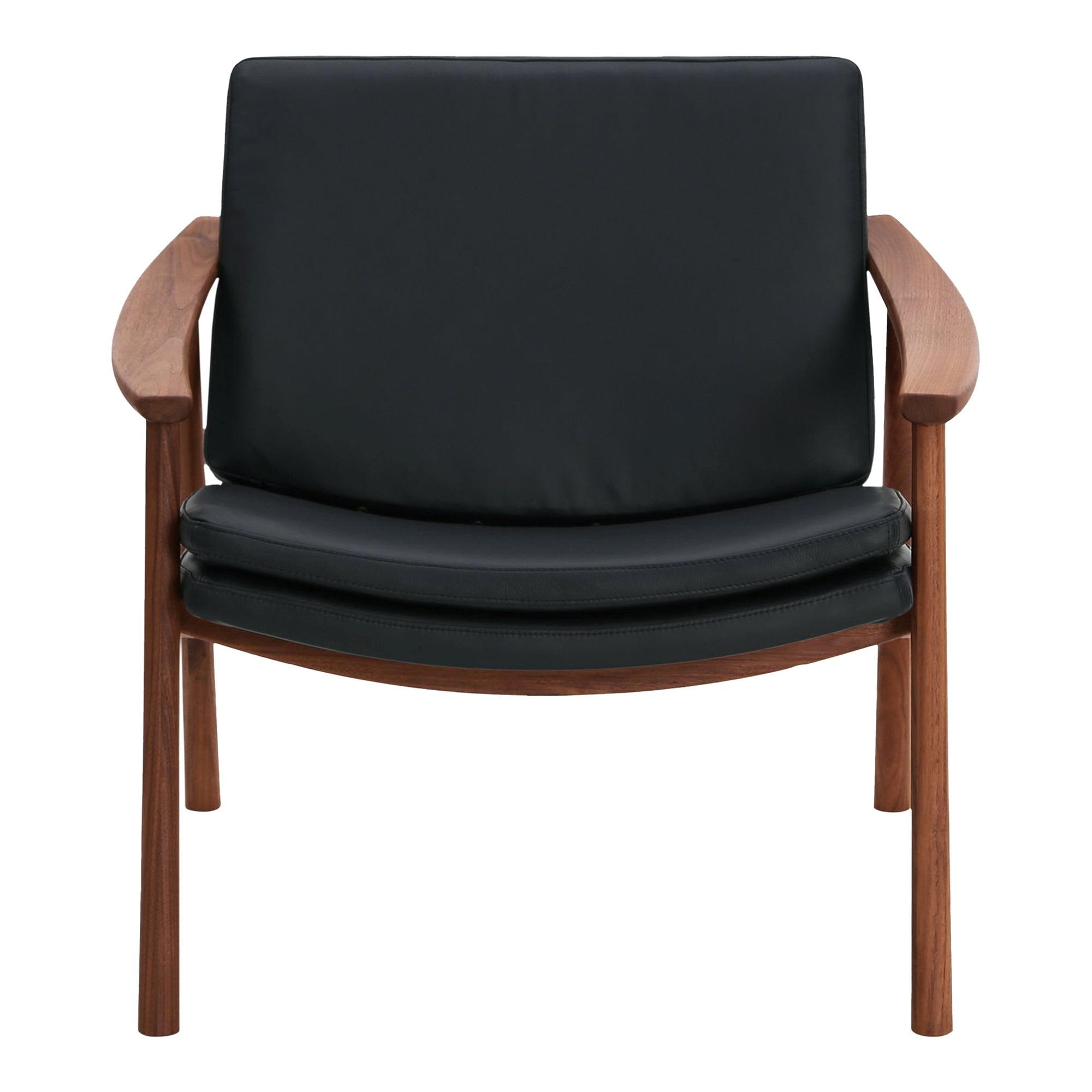 Pebbled Black Genuine Leather and Walnut Lounge Chair