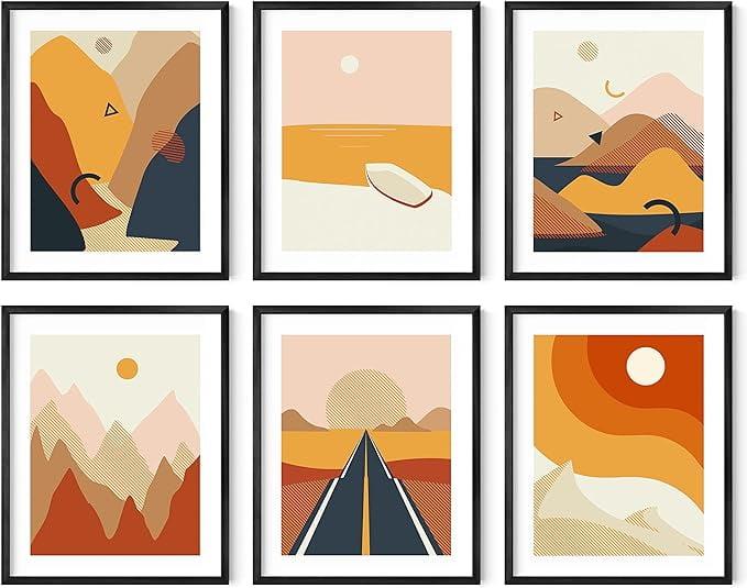 Set of 6 Abstract Desert Landscape Paintings with Black Oak Frames