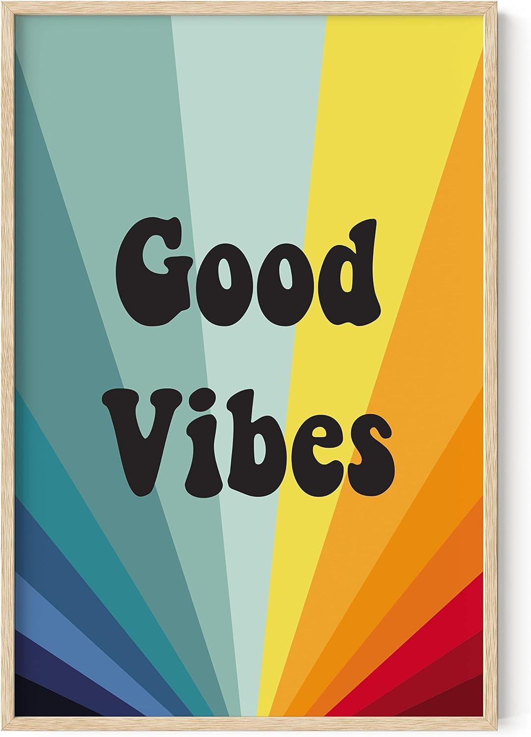 HAUS AND HUES Dope Posters Good Vibes Wall Decor - Good Vibes Only Wall Decor and Retro Posters | Good Vibes Only Wall Art and Retro Posters for Room Aesthetic Hippie Posters BEIGE FRAMED 12" x 16"