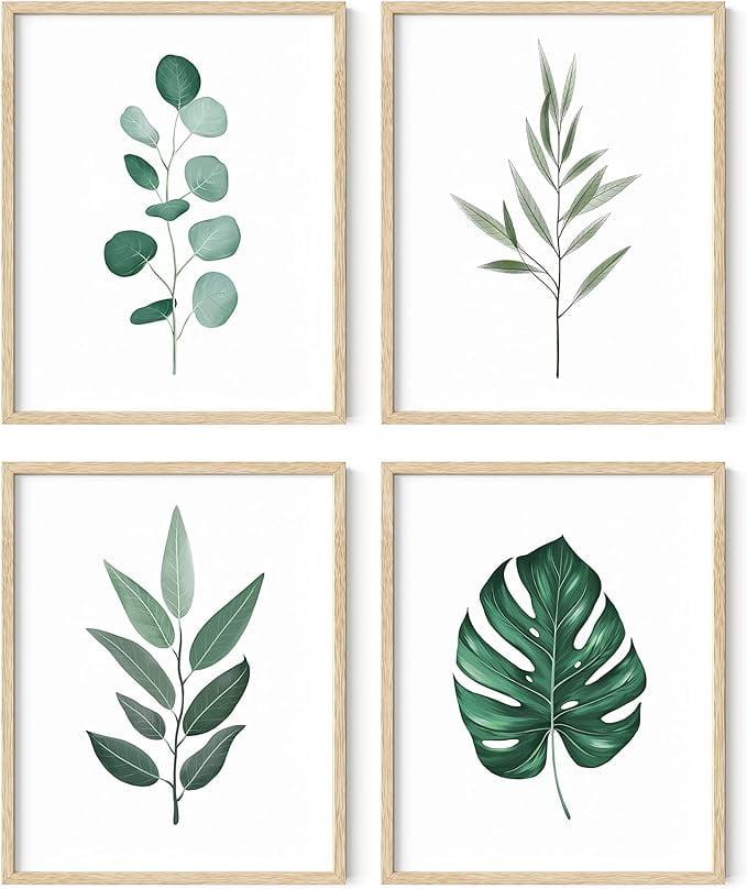 Beige Framed Botanical Green Leaf Wall Art Set