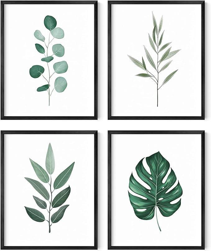 Botanical Green Leaves Wall Art Set with Black Frames