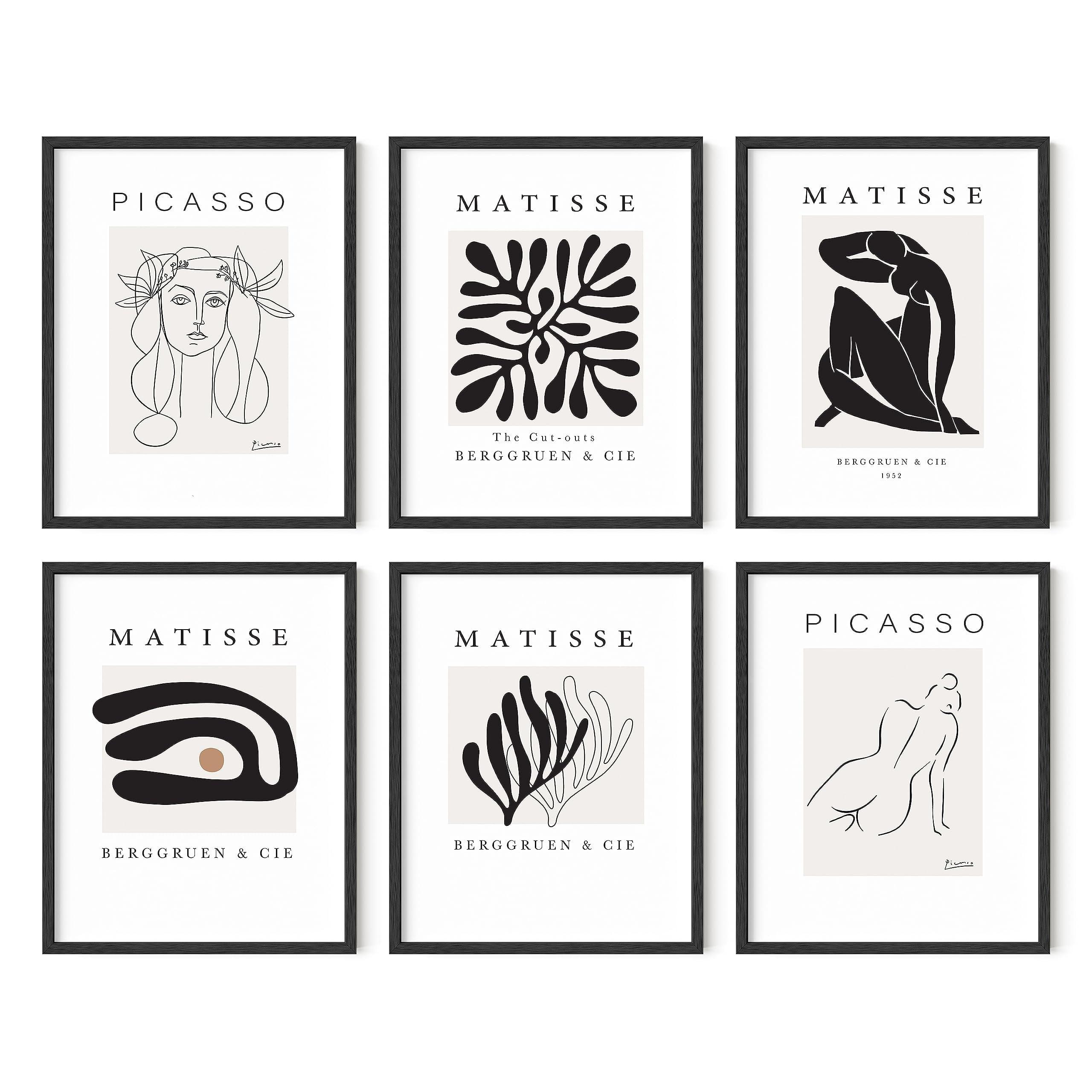 HAUS AND HUES Henri Matisse Posters and Picasso Wall Art - Set of 6 Matisse Prints and Picasso Posters Henri Matisse Prints Art Exhibition Posters Famous Paintings and Art Posters BLACK FRAMED 8x10