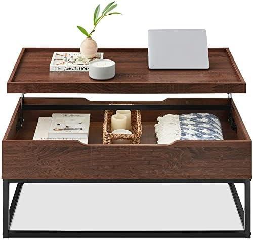 Modern Brown Lift-Top Coffee Table with Hidden Storage and Wood-Grain Finish