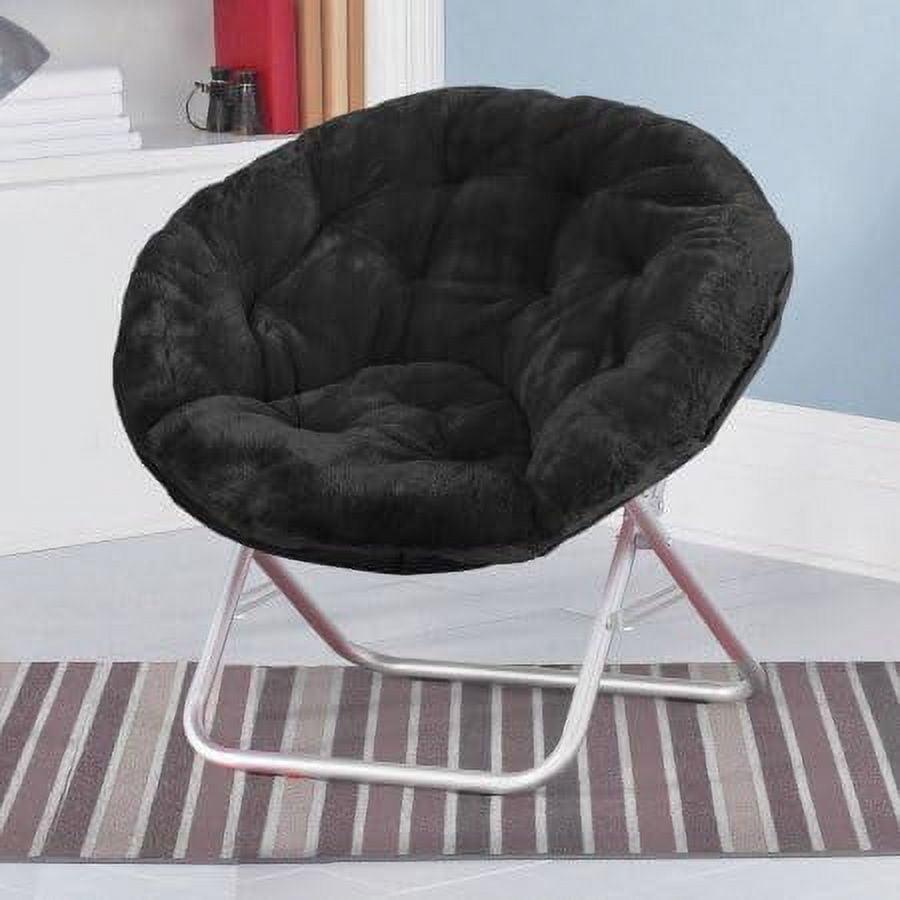 Plush Black Faux Fur Round Foldable Saucer Chair