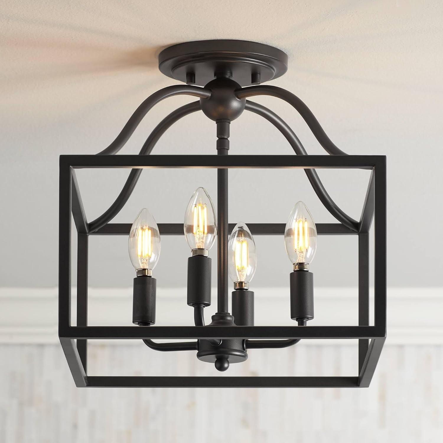 Franklin Iron Works Elle Rustic Industrial Ceiling Light Semi Flush Mount Fixture 13" Wide Black 4-Light Square Cage for Bedroom Living Room Kitchen