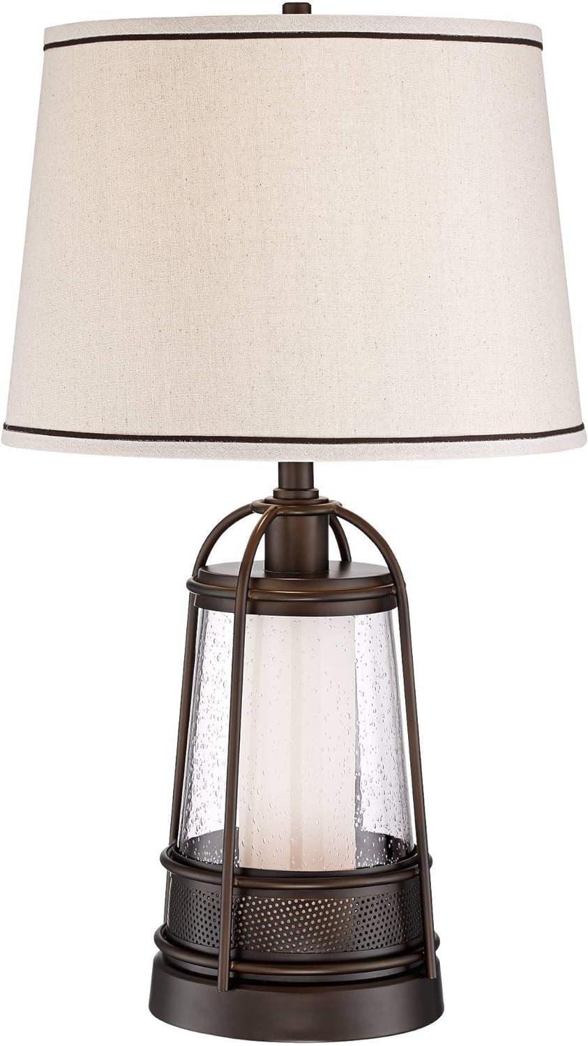 Bronze Seeded Glass 25" Industrial Rustic Table Lamp with Off-White Shade