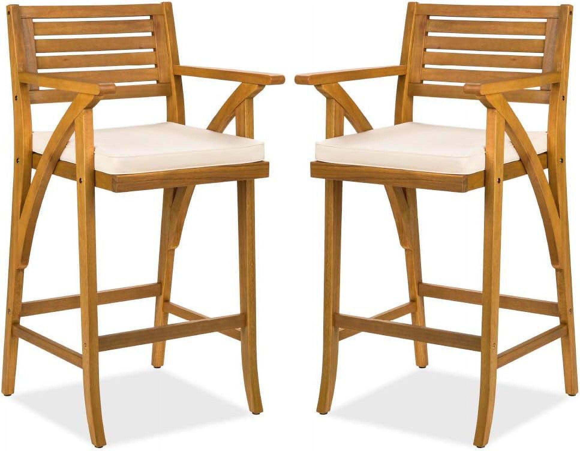 Best Choice Products Set of 2 Outdoor Acacia Wood Bar Stools Bar Chairs w/ Weather-Resistant Cushions - Teak Finish