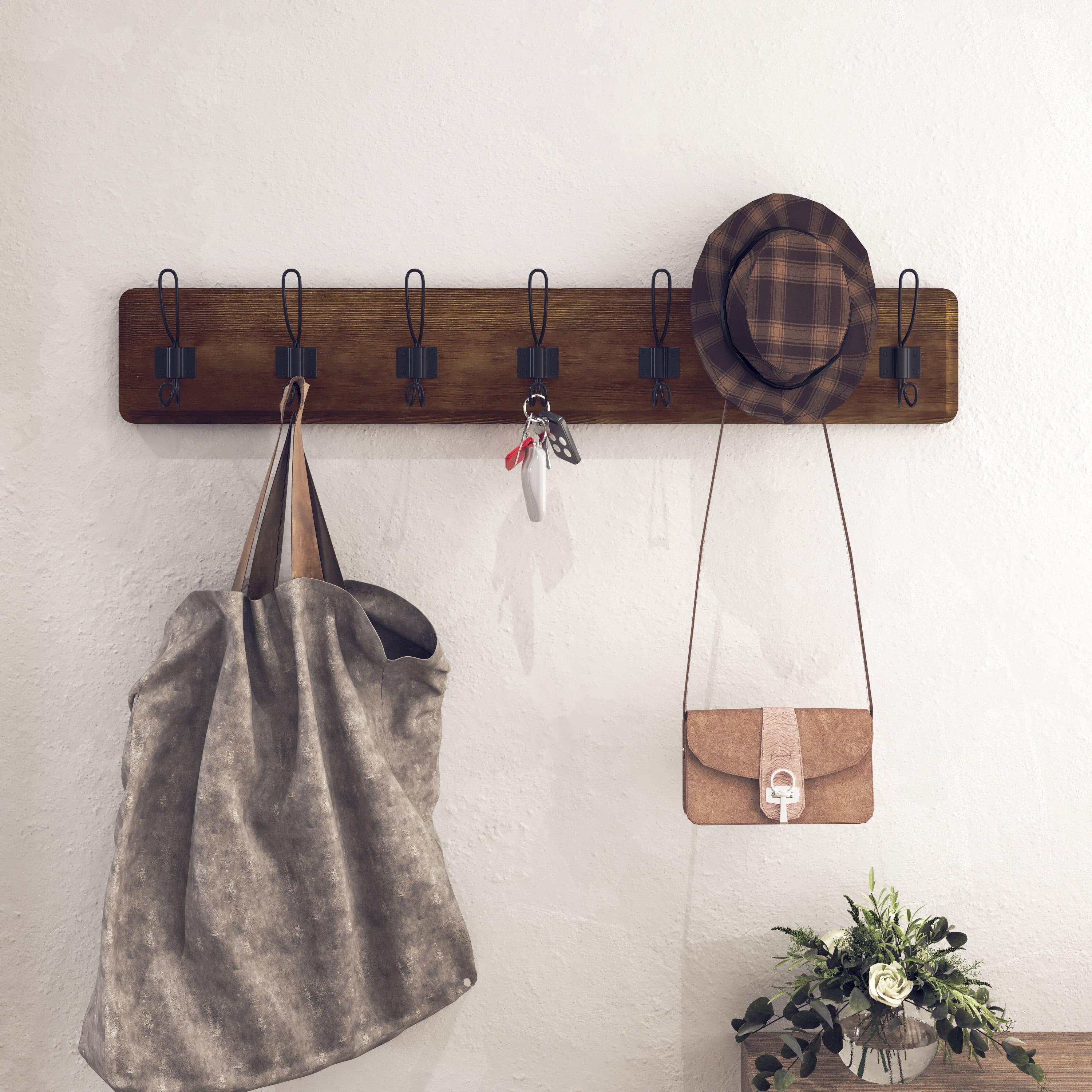 Rustic Brown Pine Wood Wall Mounted Coat Rack with 7 Hooks