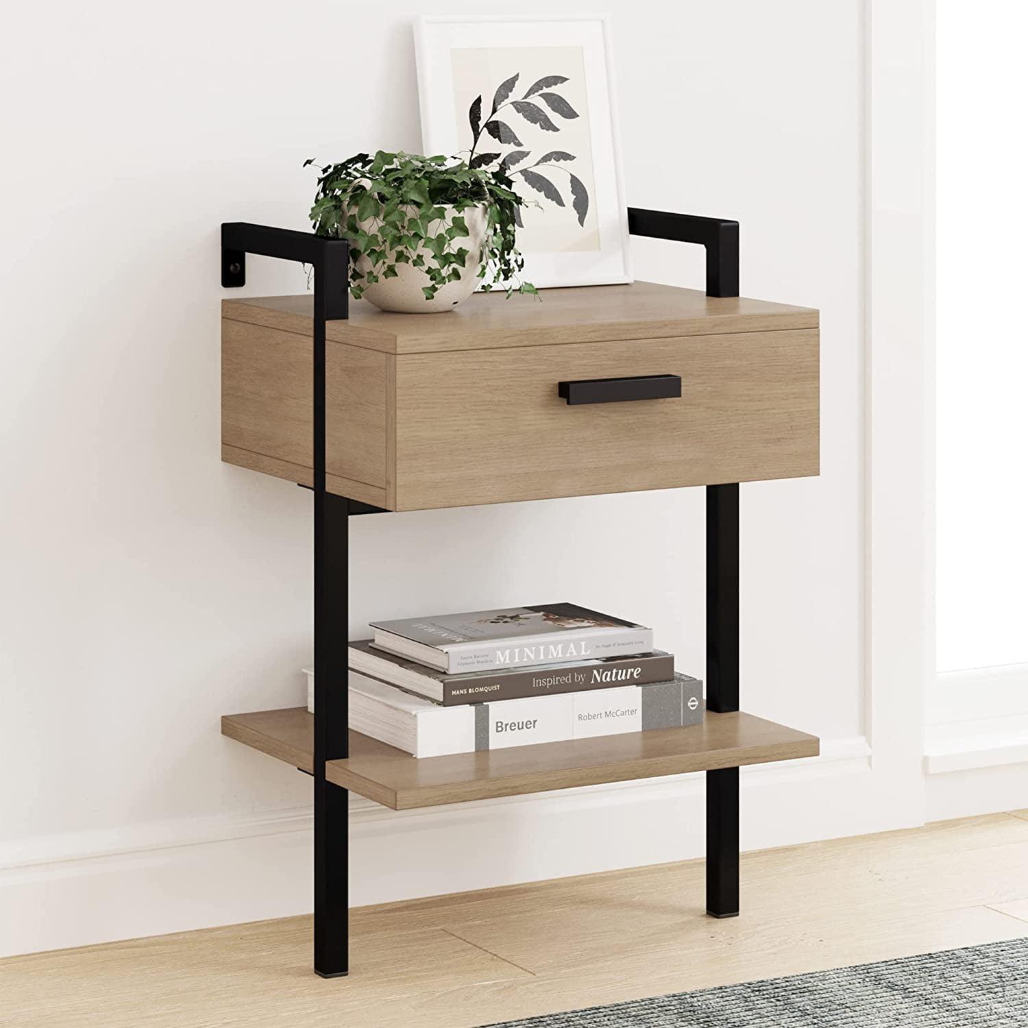 Jenny 30" Oak and Black Industrial Wall-Mount Nightstand with Drawer