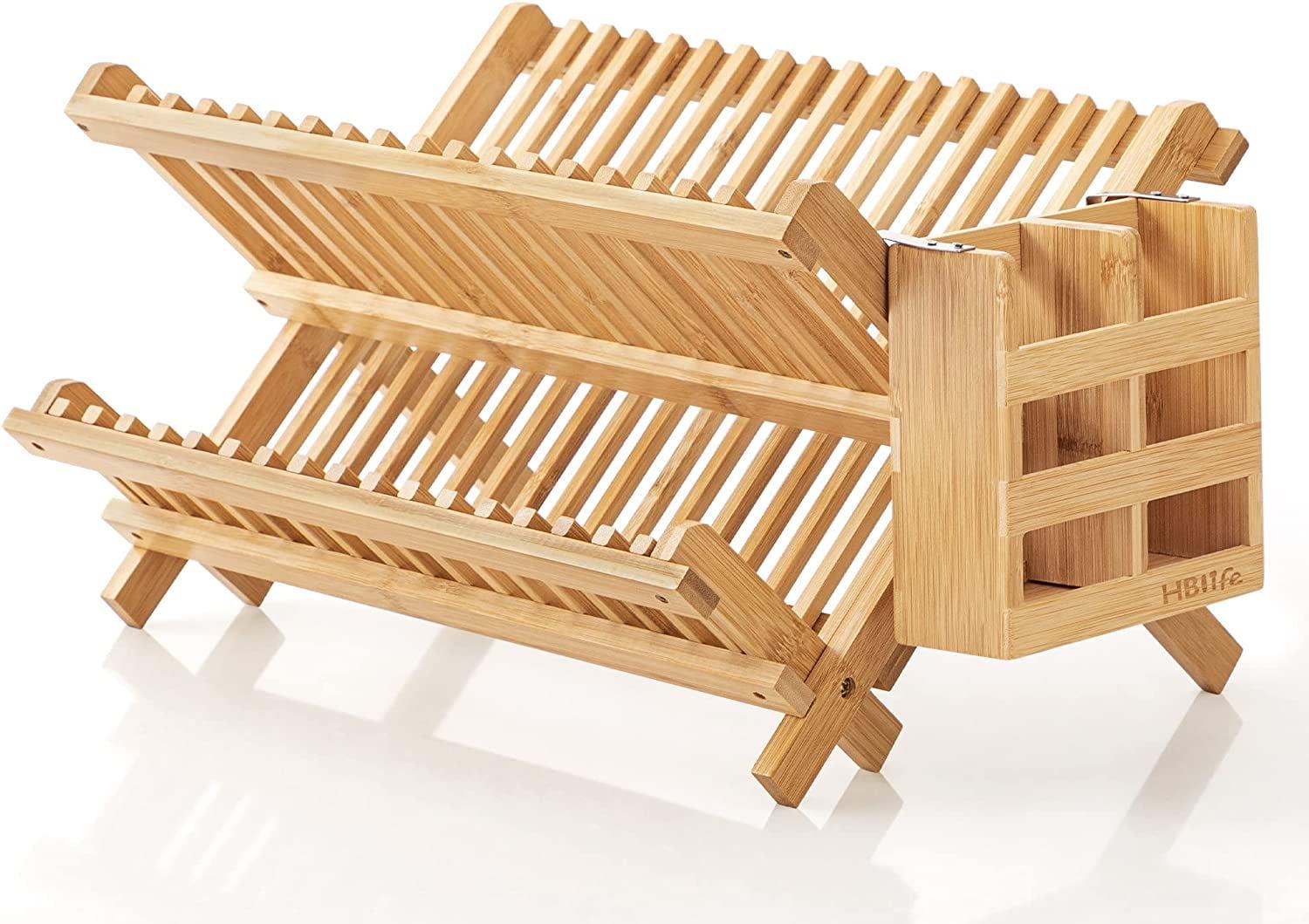 Foldable Bamboo 2-Tier Dish Rack with Utensil Cup