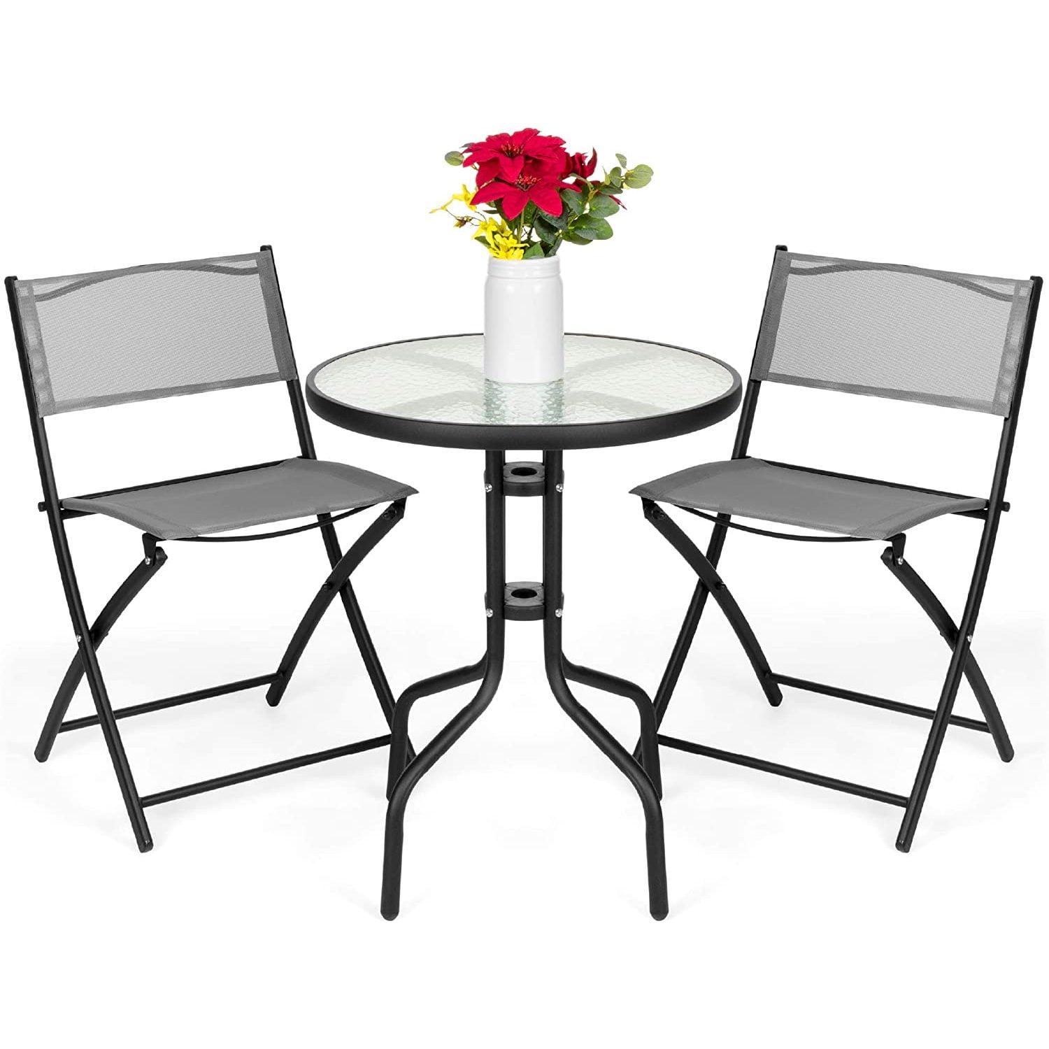 Gray 3-Piece Patio Bistro Set with Glass Tabletop and Folding Chairs