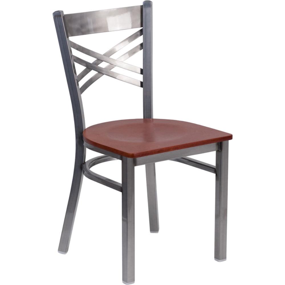 Cherry and Silver Cross Back Metal Side Chair