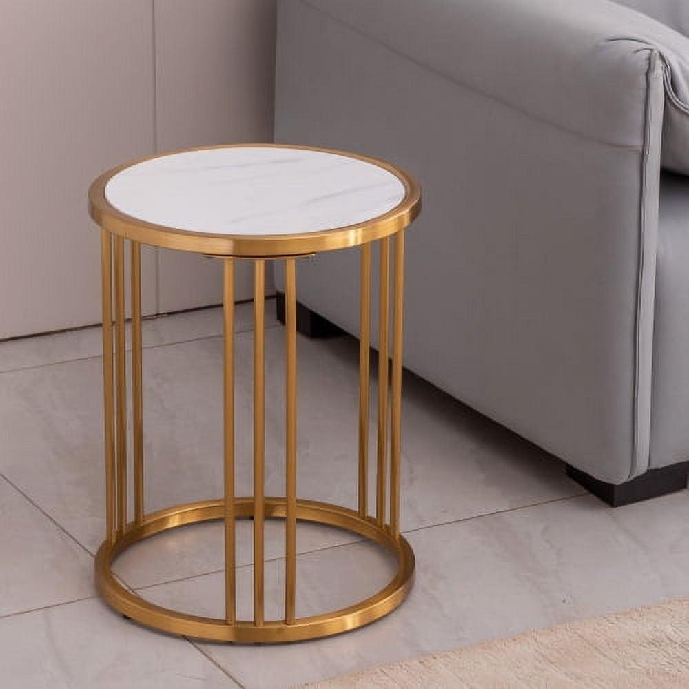 Round White Sintered Stone Side Table with Gold Metal Frame