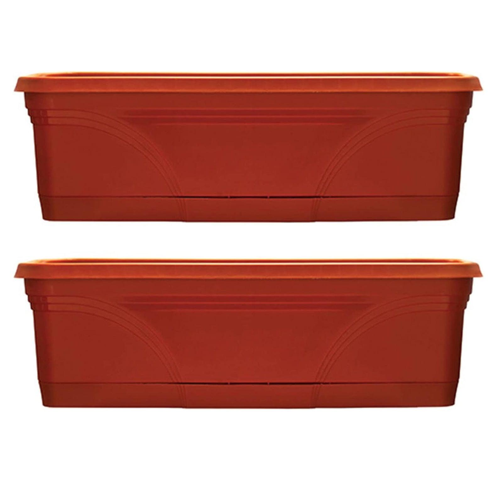 Southern Patio 36 Inch Rectangular Plastic Medallion Hanging Windowsill and Garden Box Planters with Drainage Holes, Terracotta (2 Pack)