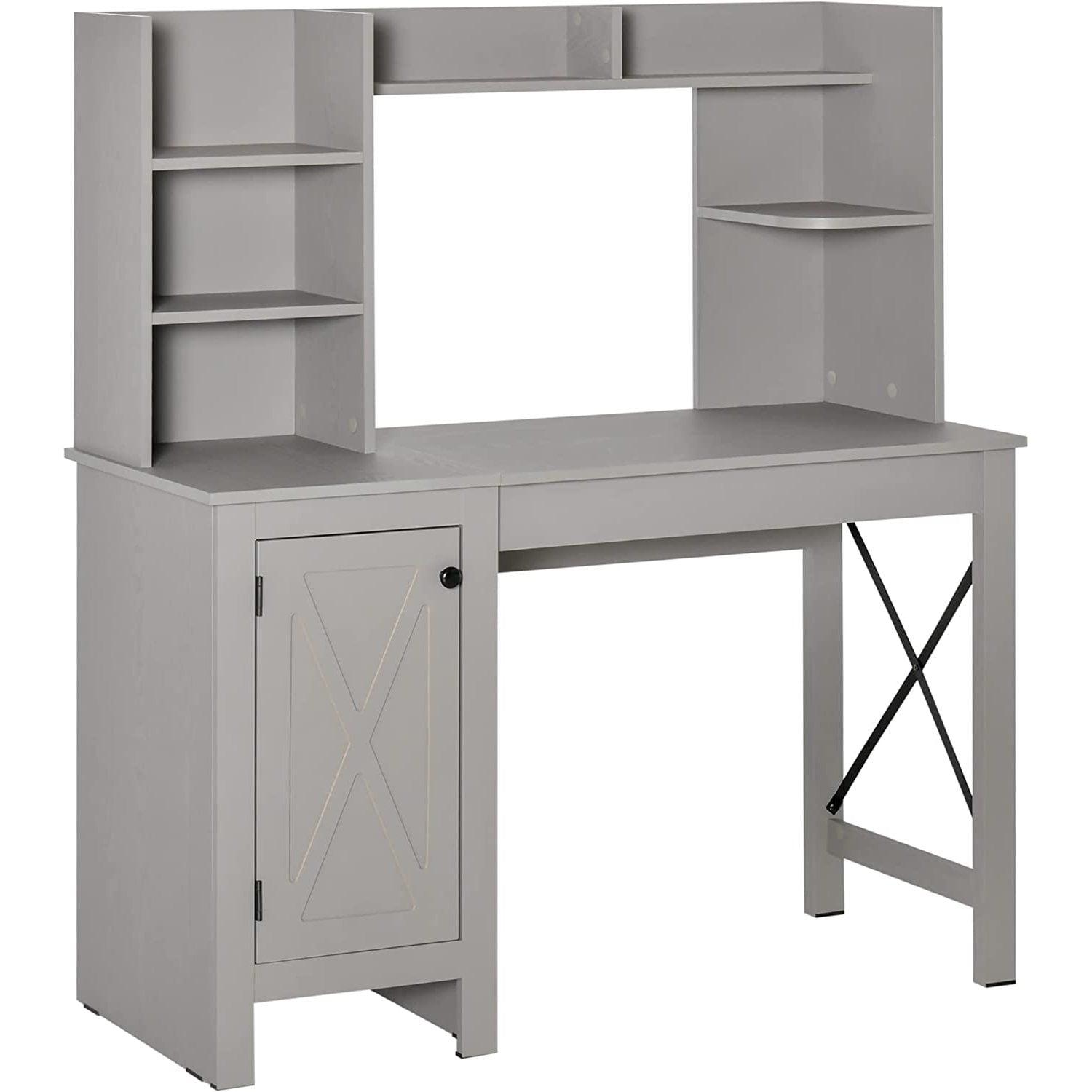 Modern Light Grey Wood Computer Desk with Hutch and Filing Cabinet