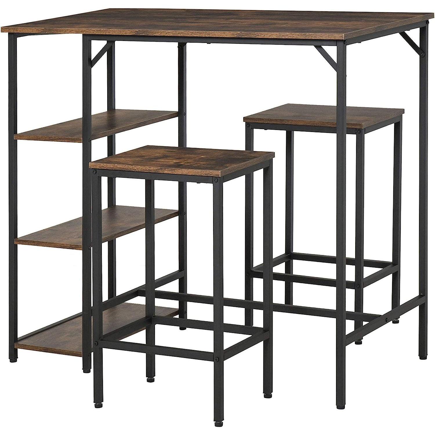 Rustic Brown Industrial 3-Piece Pub Table Set with Storage