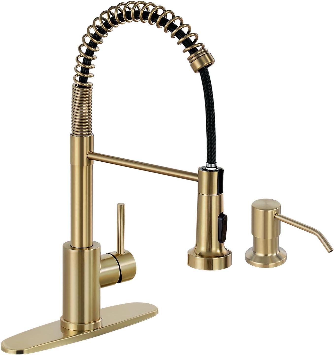 Brushed Gold Stainless Steel Pull Down Kitchen Faucet with Soap Dispenser