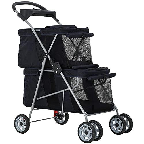 FDW 4 Wheel Pet Stroller Folding Dog Cat Stroller for Small and Medium Pets with Storage Basket Double Decker & Mesh Windows